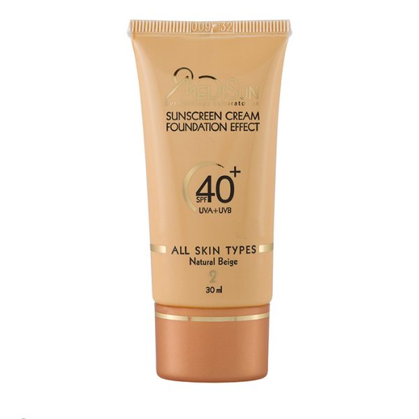 بسته‌بندی کرم ضد آفتاب SPF40 کرم پودری مدیسان بژ طبیعی
