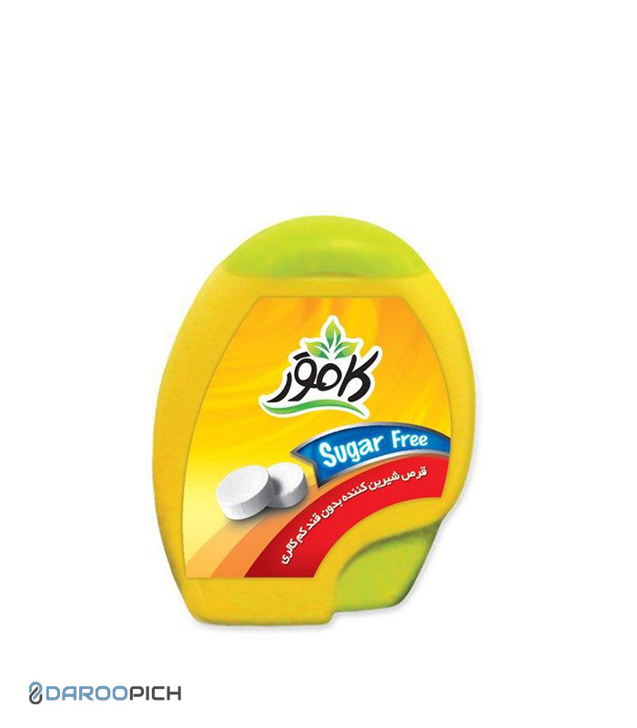 A yellow and green container of Golk sugar-free sweetener tablets, featuring a blue label and two white tablets pictured on the front. The packaging has Farsi text and a leaf design above the brand name.