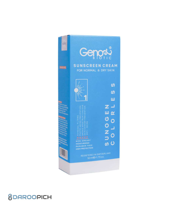 کرم ضد آفتاب پوست خشک SPF50 حجم 50 گرم بی رنگ ژنوبایوتیک