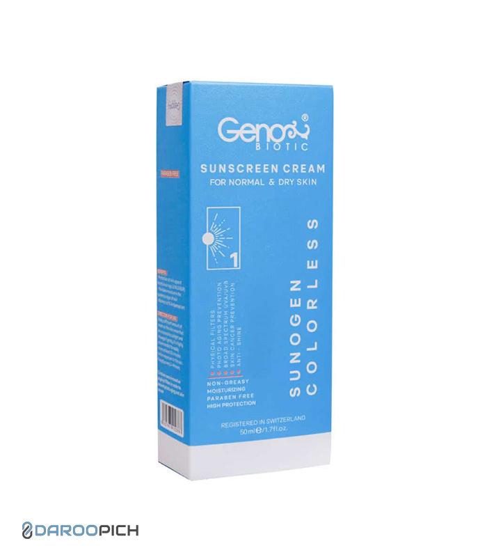 ژنوبایوتیک کرم ضد آفتاب 1 بی رنگ پوست خشک SPF50 حجم 50 گرم