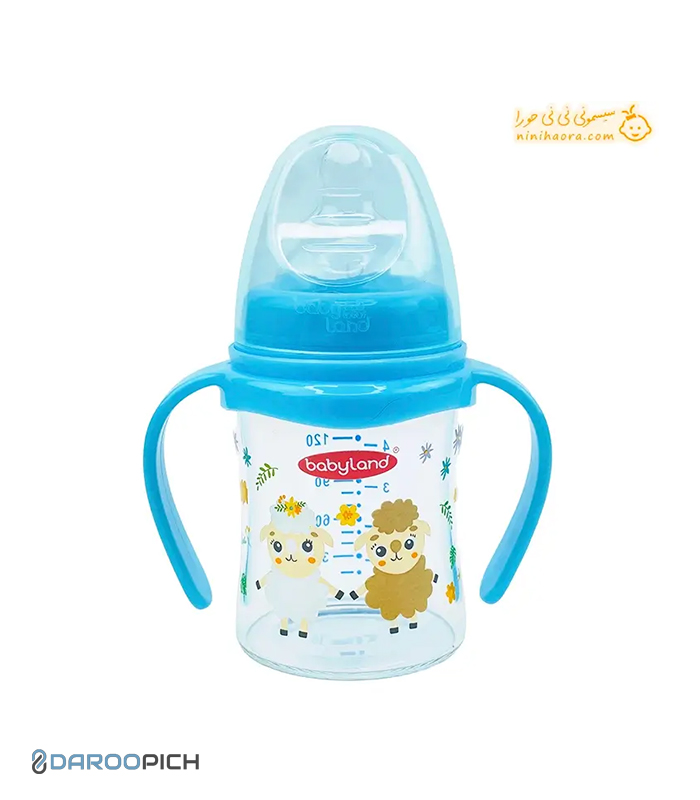 بیبی لند شیرخوری پیرکس دسته دار عریض ارتودنسی 150 میلی آبی کد 497